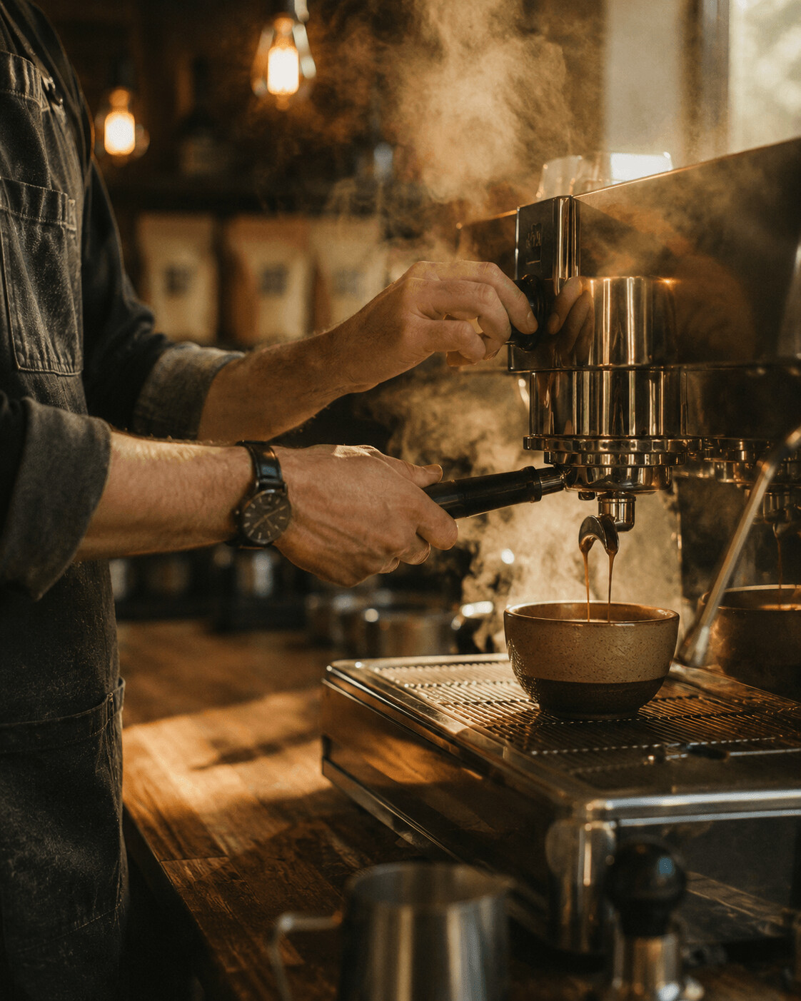 A barista's hands on the portafilter, espresso flowing.