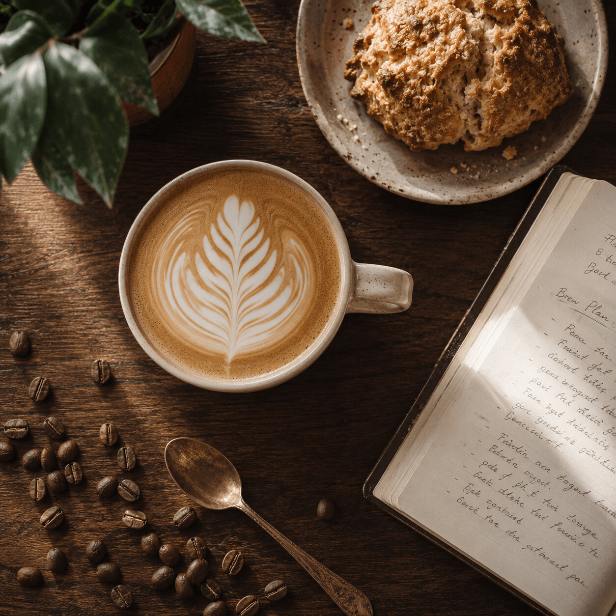 Latte with leaf art beside a pastry on a wooden table.