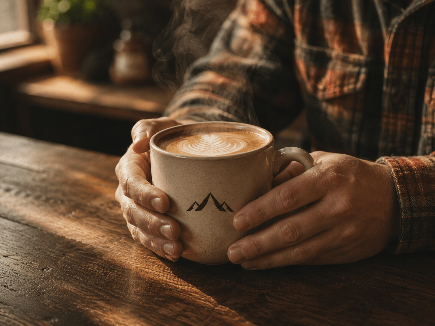 A pair of hands cradling a warm mug.